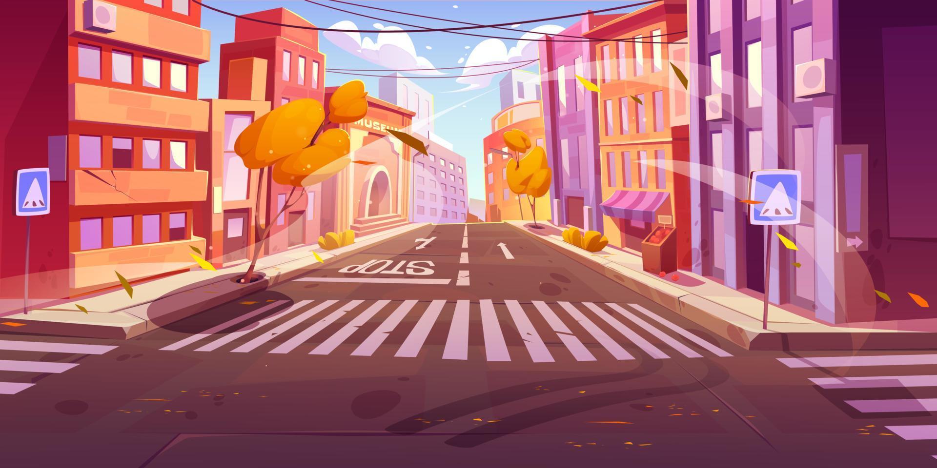 otoño ciudad cruce de caminos con viento paisaje urbano vector