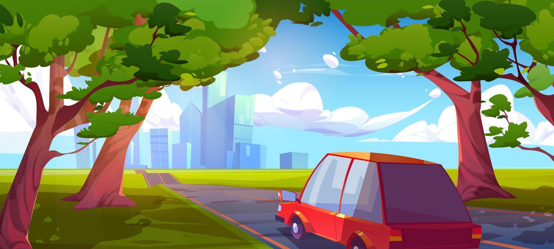 Summer landscape with car drives on road to city vector