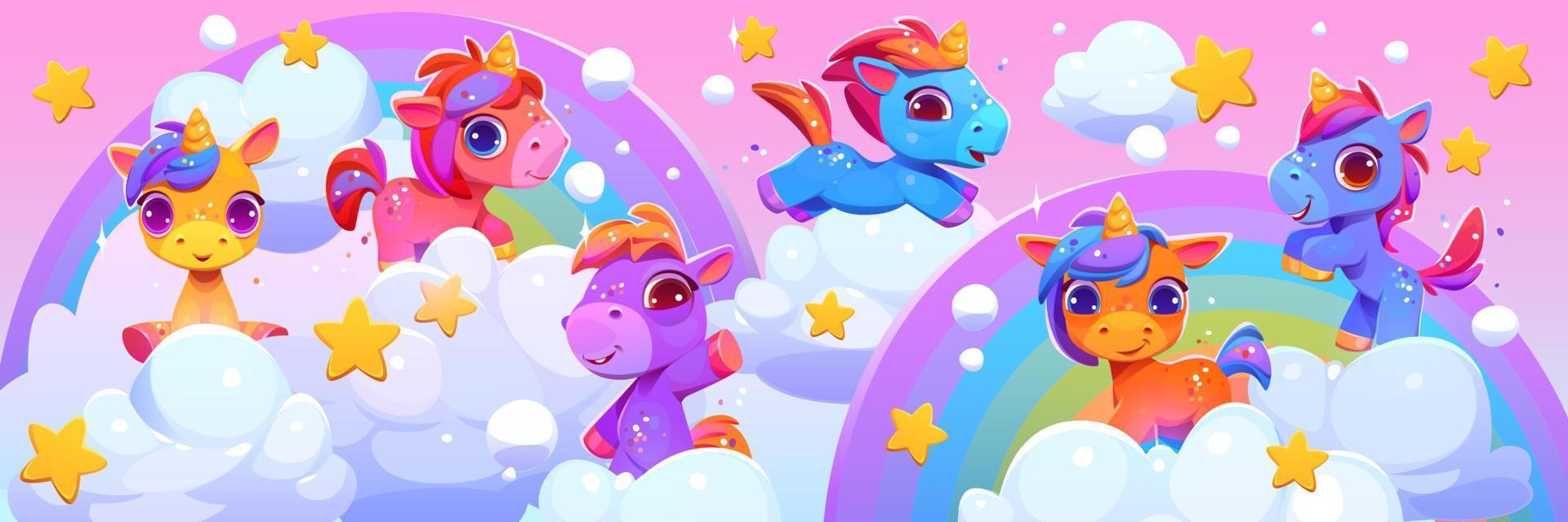 linda unicornios en cielo con arcoiris y nubes vector