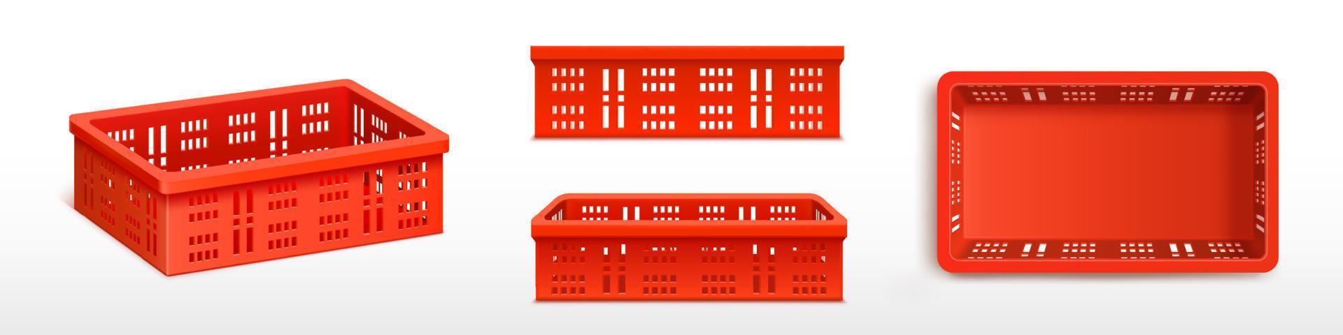Vector red empty plastic crate front and side view