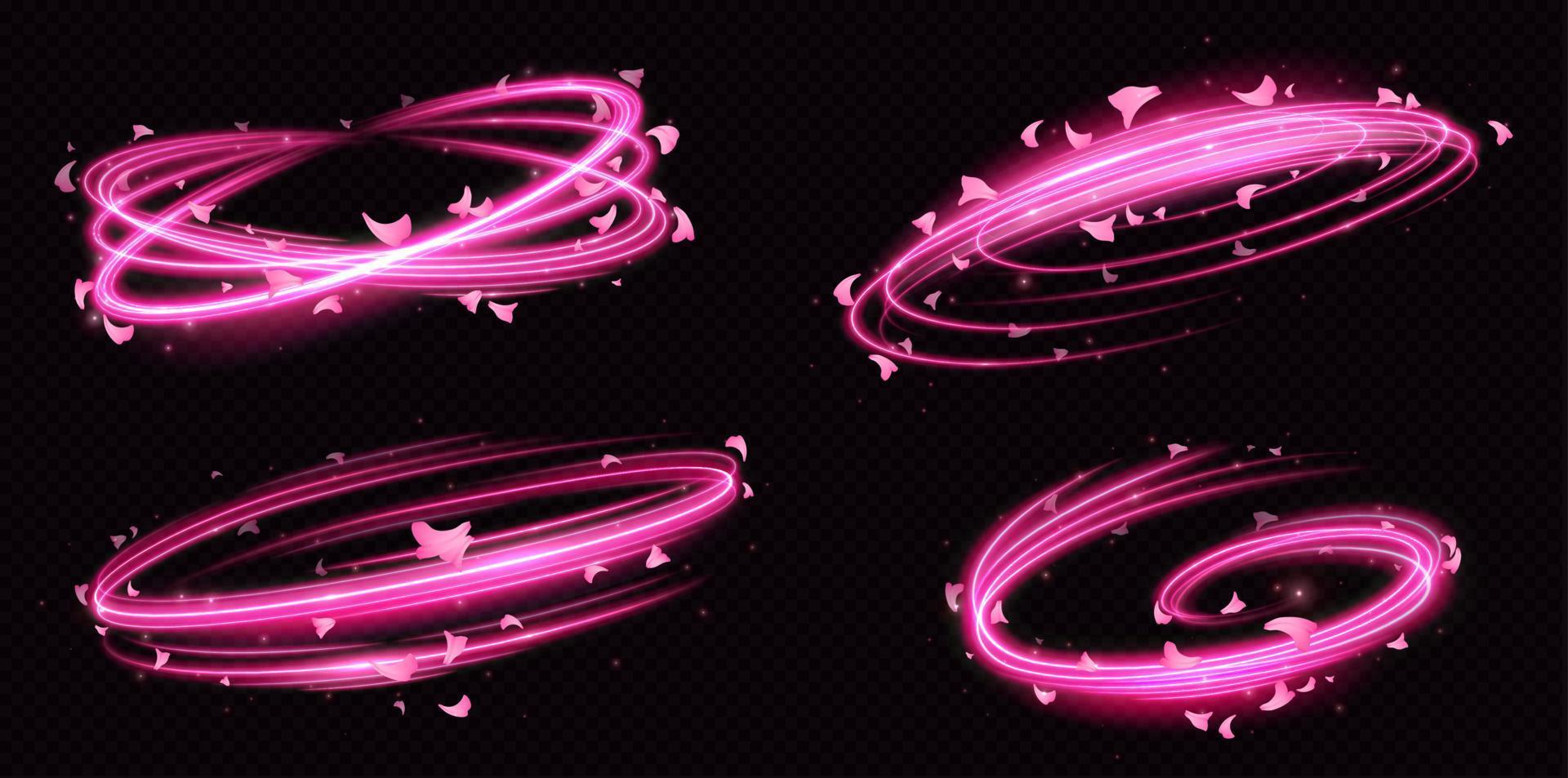 Pink motion light swirl and flying flower petals. vector