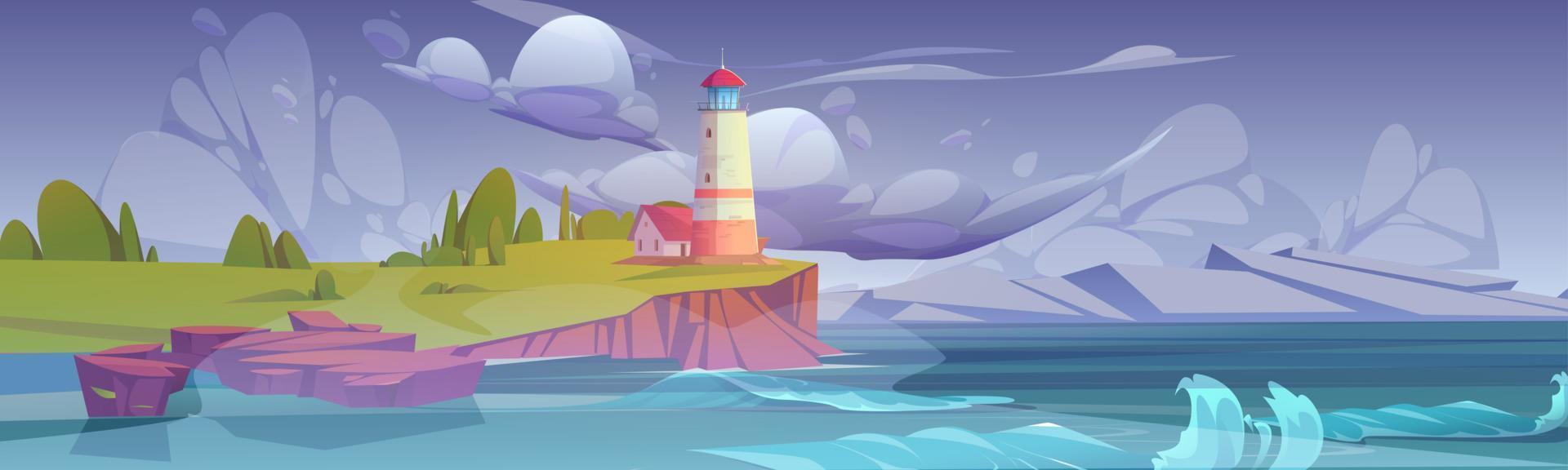 Lighthouse on sea coast. Landscape with beacon vector