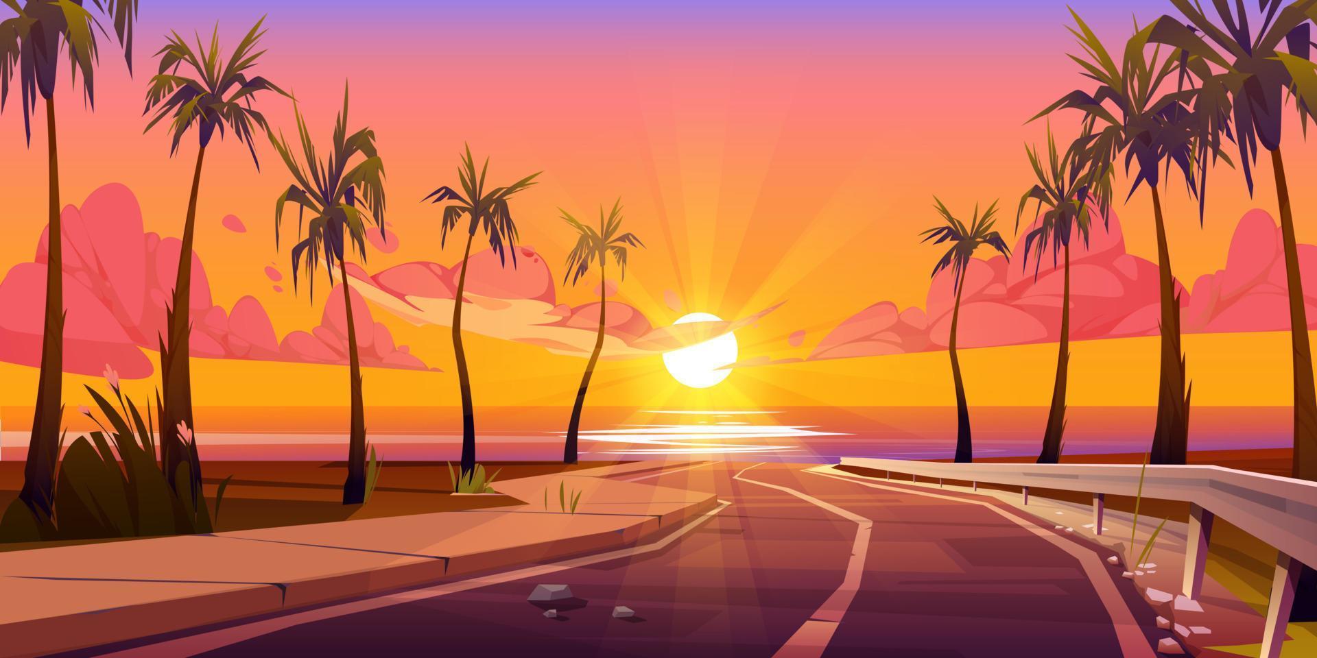 Sunset tropical background with palm and road vector