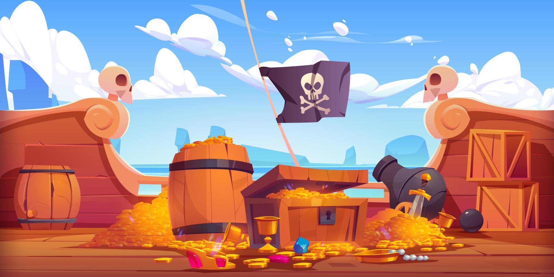 Pirate ship deck with treasure chest, gold coins vector