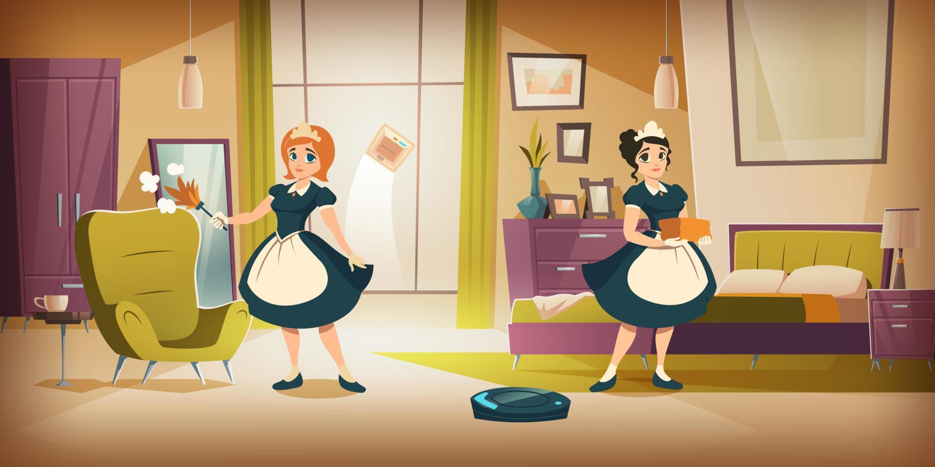 Bedroom interior with cleaning maids, room service vector