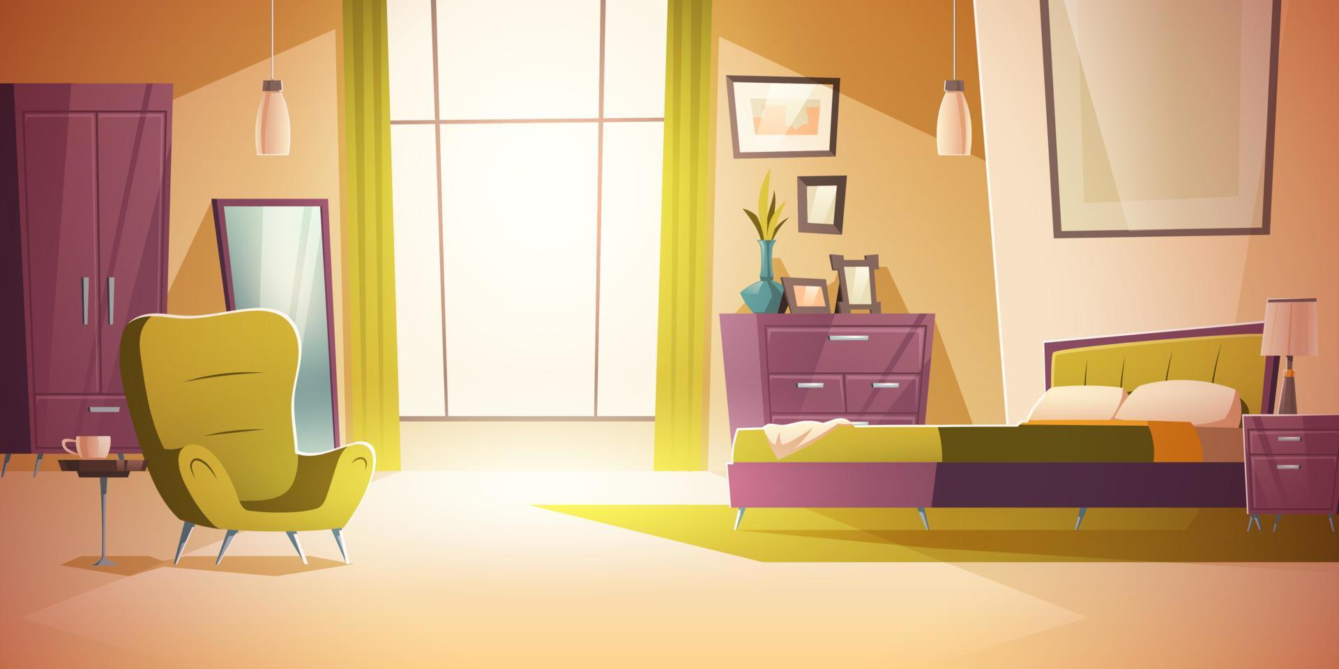 Bedroom interior cartoon, double bed, wardrobe vector
