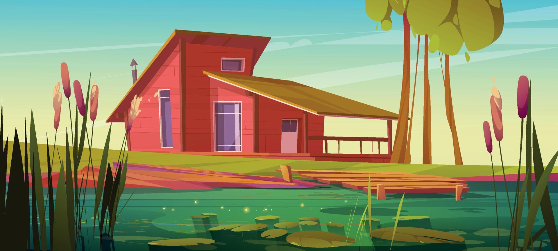 Cartoon wooden house near swamp with cattails vector