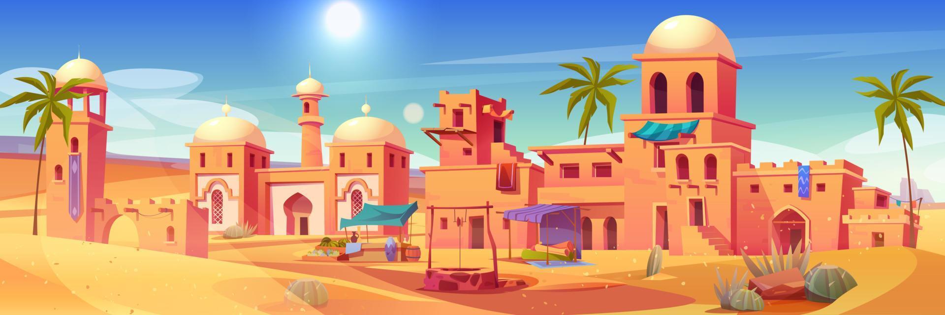Ancient arab city with market and palace in desert vector