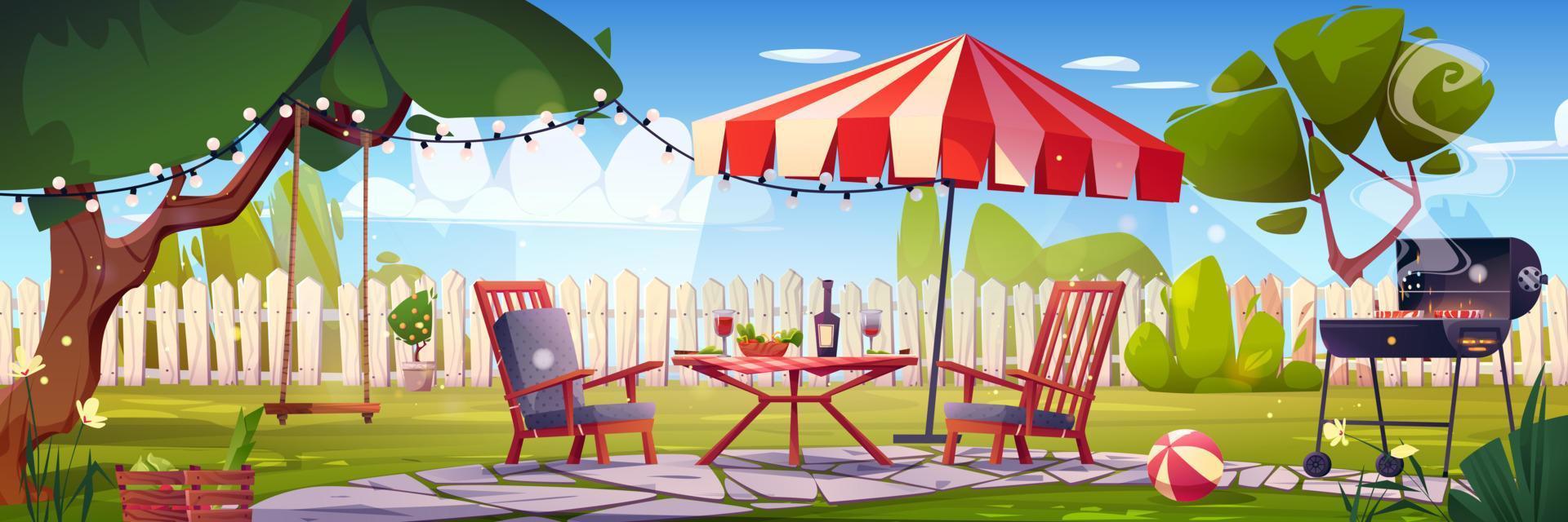 barbacoa fiesta en patio interior con cerca, picnic mueble vector