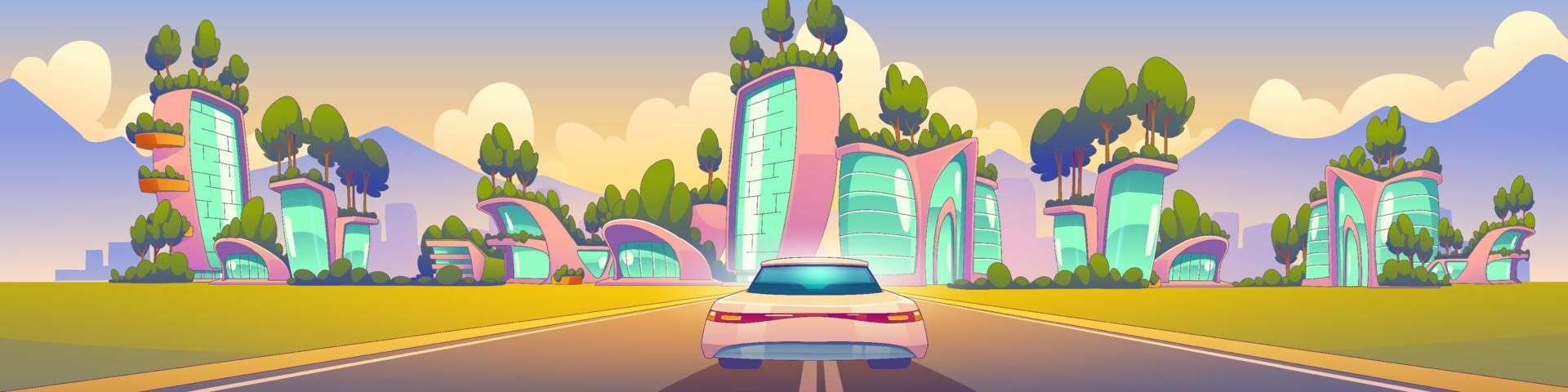 Modern car driving to futuristic city vector