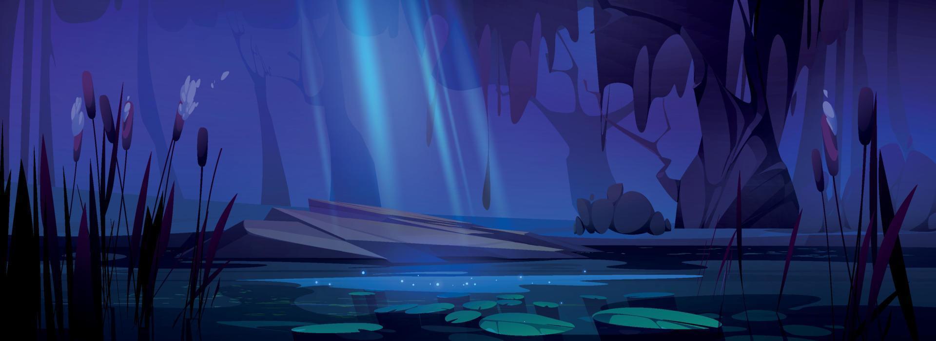 dibujos animados estanque con totora a noche vector