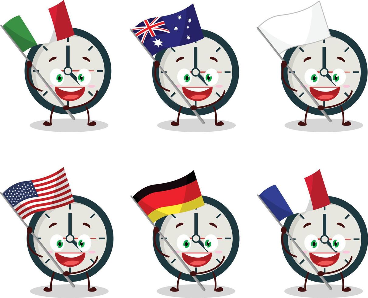 reloj dibujos animados personaje traer el banderas de varios países vector