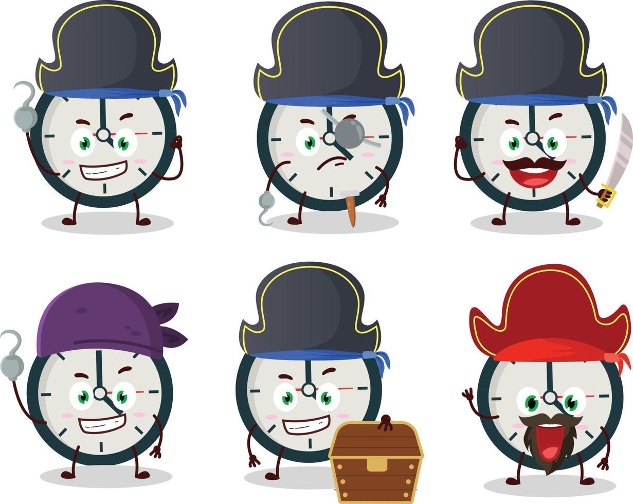 dibujos animados personaje de reloj con varios piratas emoticones vector