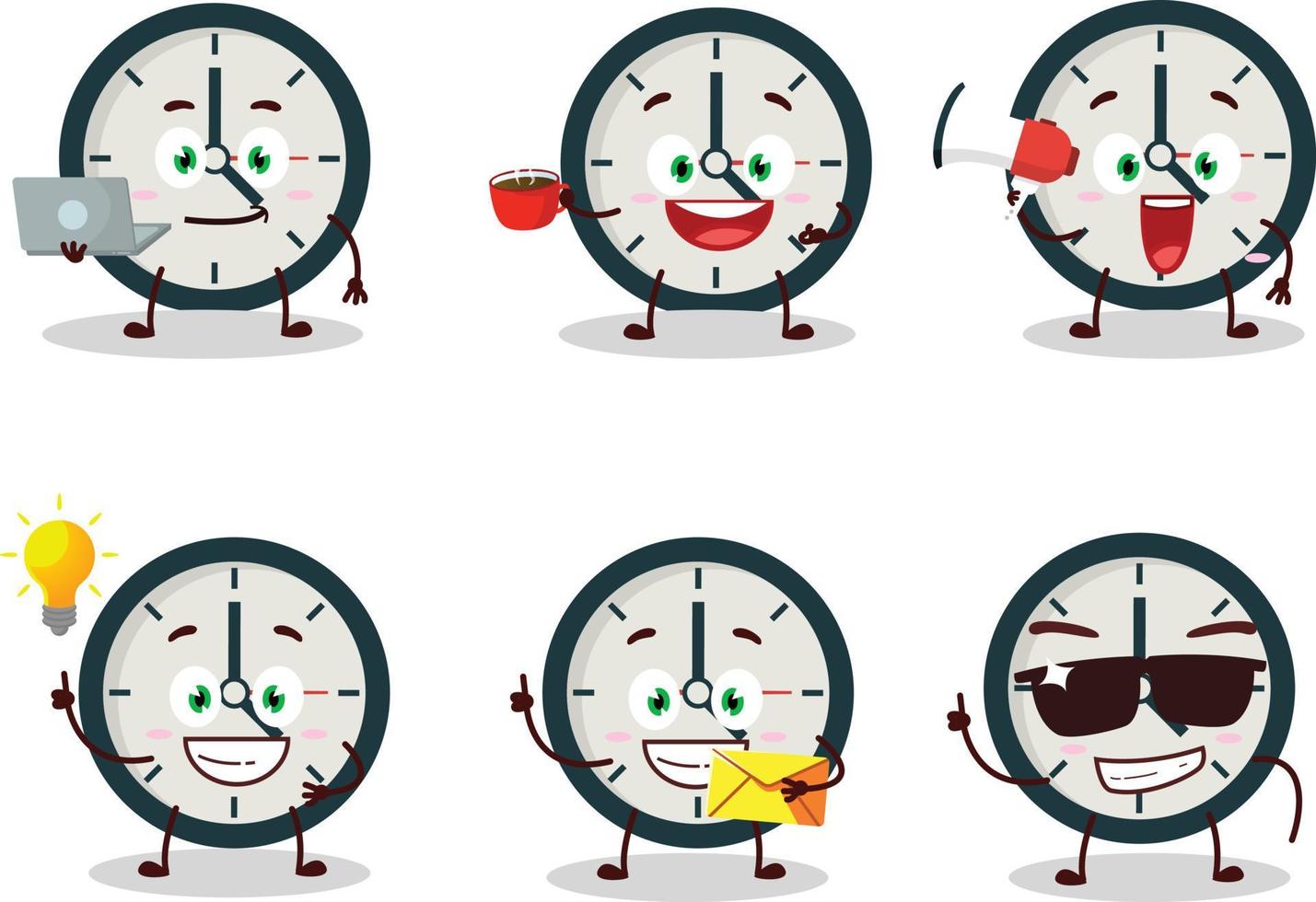 Clock cartoon character with various types of business emoticons vector