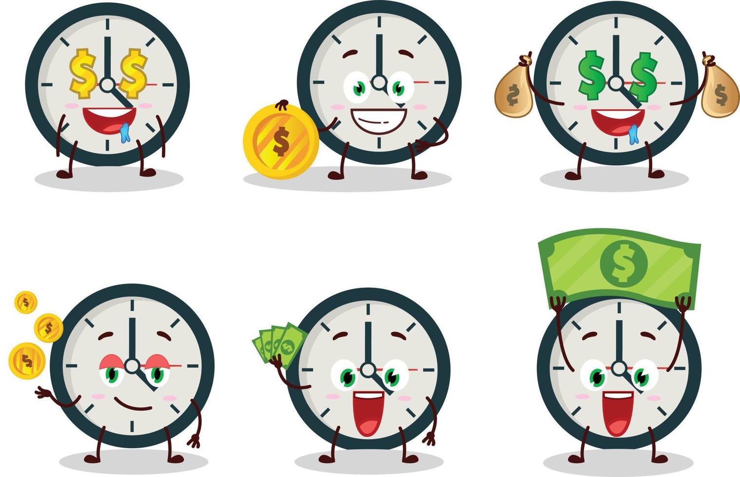 reloj dibujos animados personaje con linda emoticon traer dinero vector