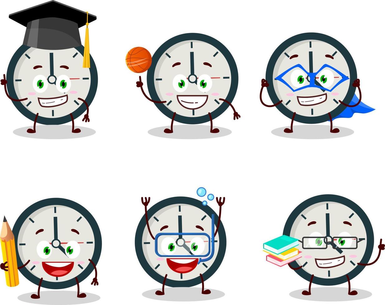 colegio estudiante de reloj dibujos animados personaje con varios expresiones vector
