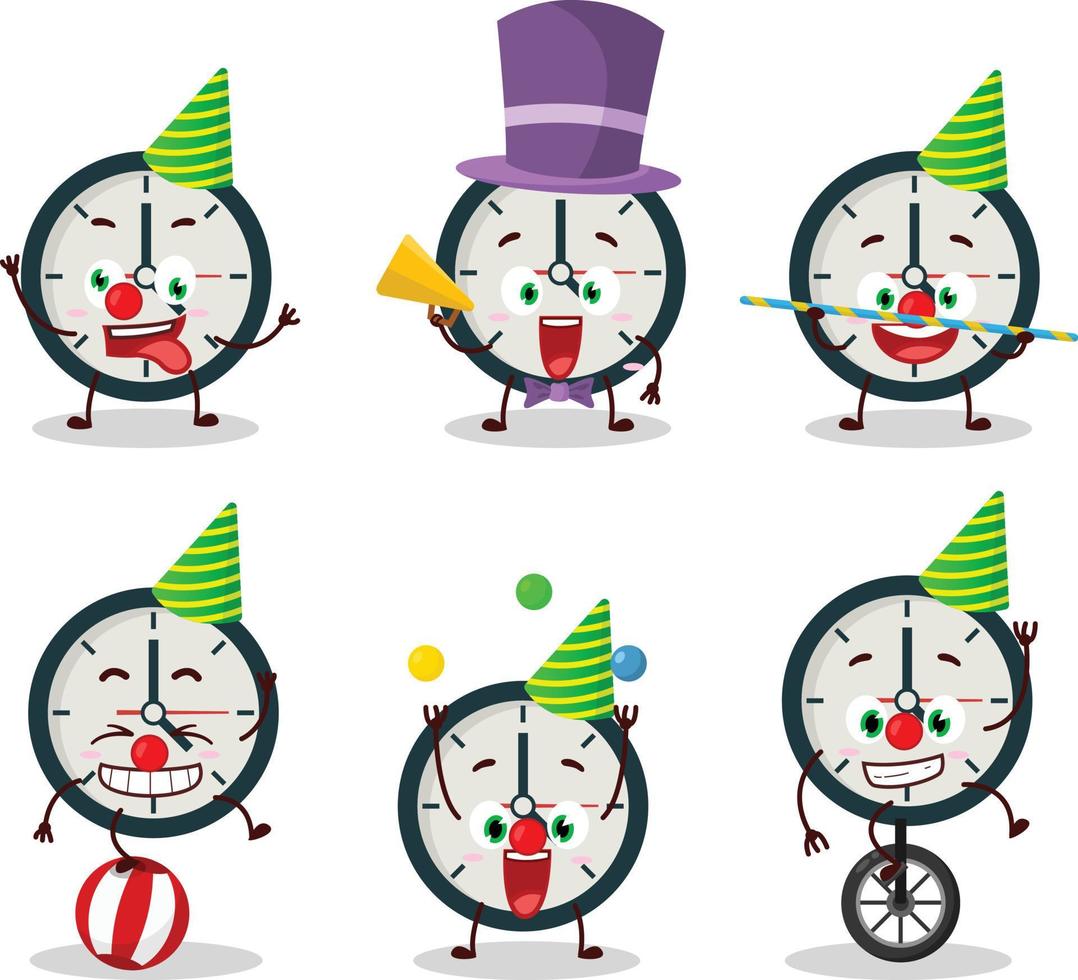 Cartoon character of clock with various circus shows vector