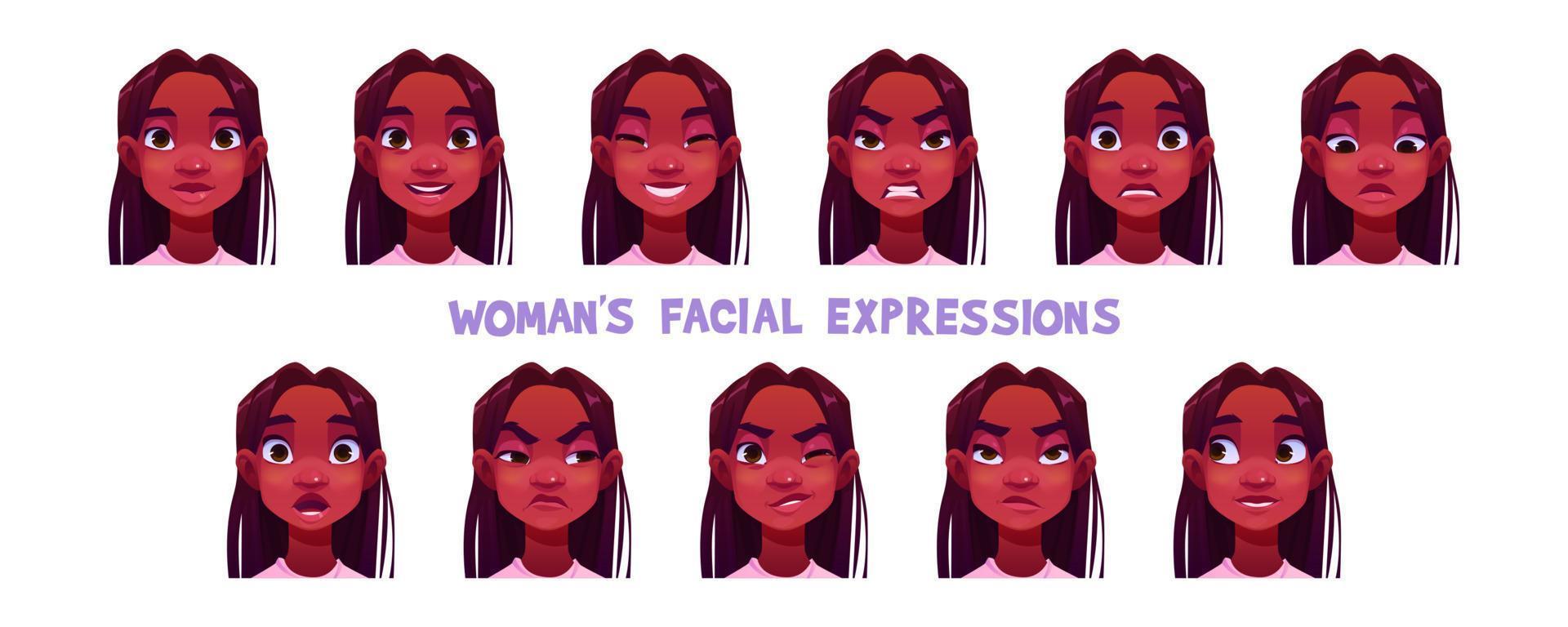 Girl character avatar, woman face with emotions vector