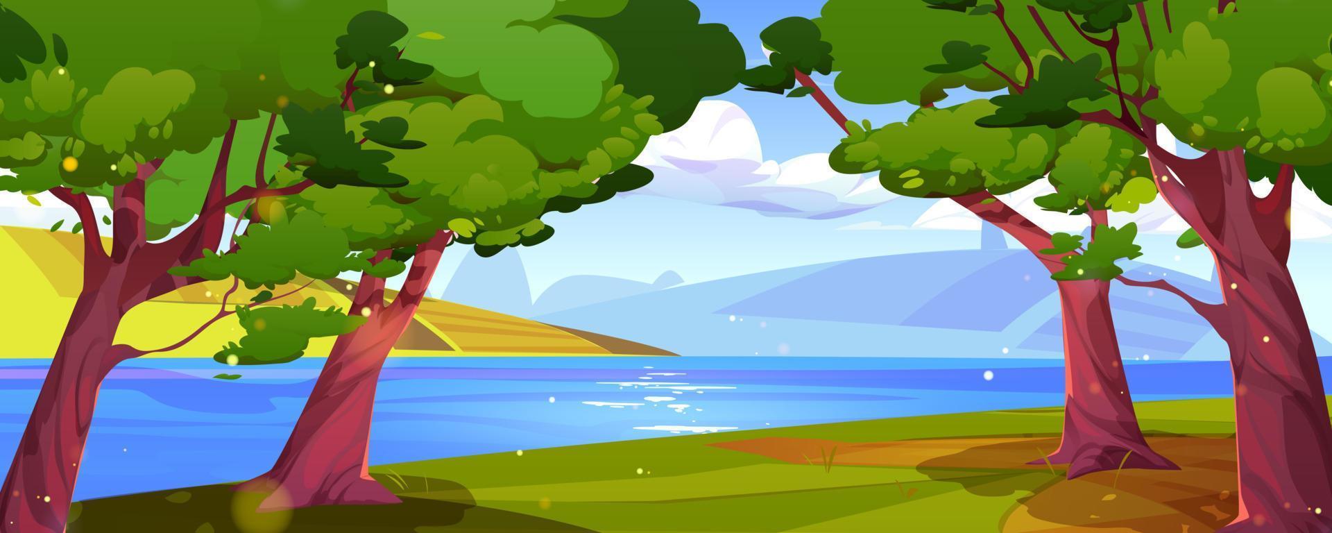 rural paisaje con lago, campos, arboles vector