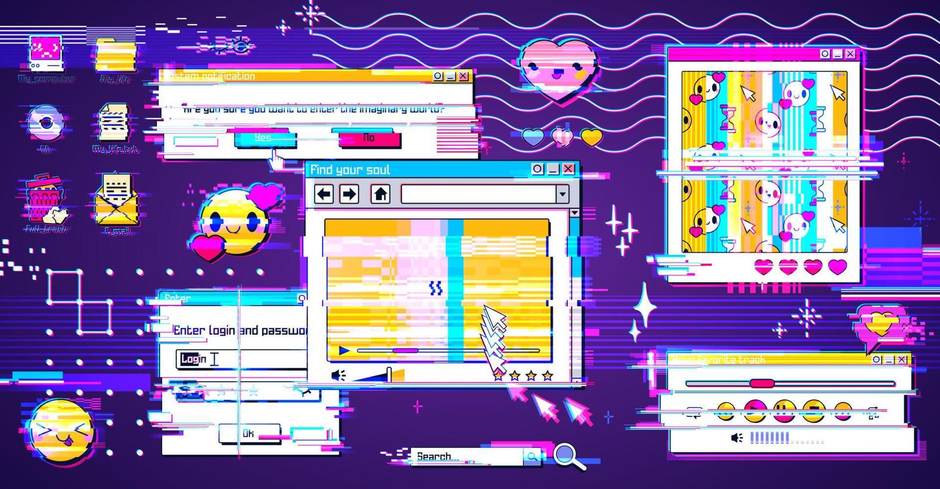 Retro y2k window browser screen with glitch effect vector