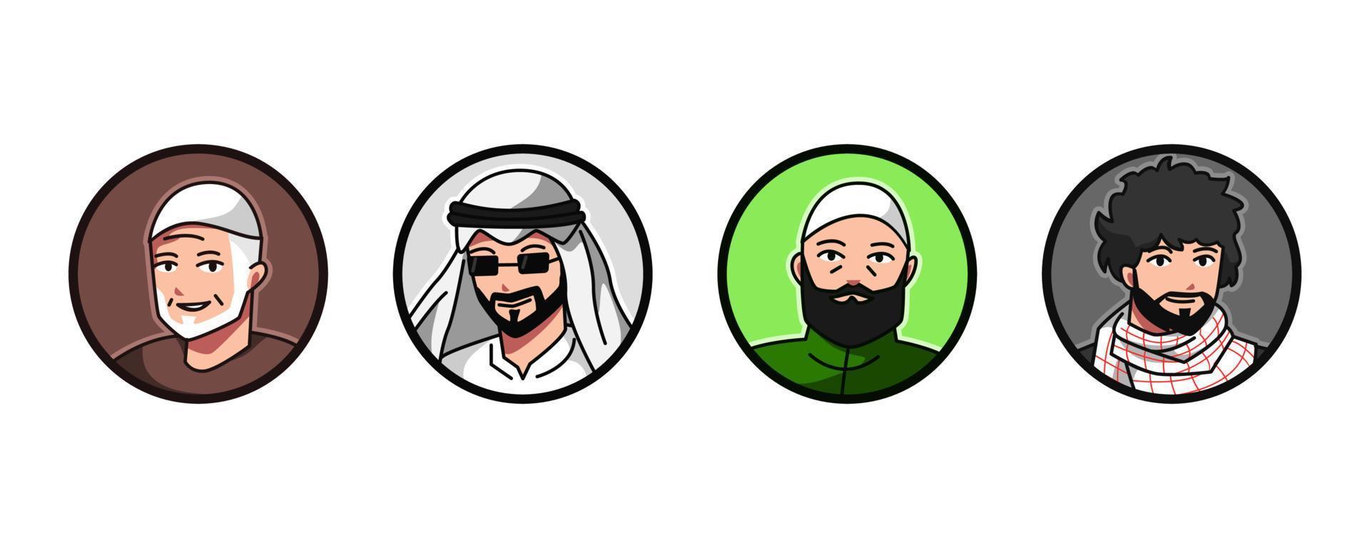 set avatar of muslim male characters with muslim cap, keffiyeh. round, circle icon for social media, user profile, website, app. Line cartoon style. vector illustration.