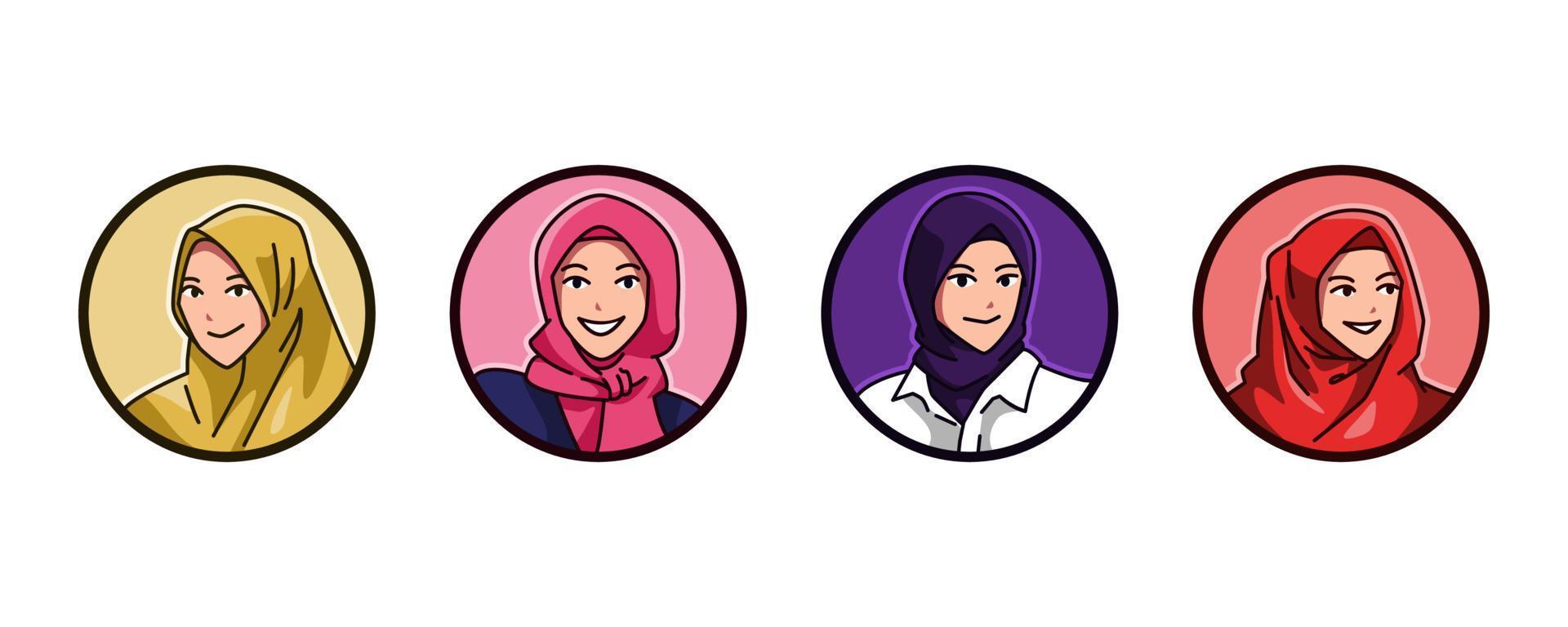 set avatar of a female characters with an Islamic veil, headscarf, hijab, chador. round, circle icon for social media, user profile, website, app. Line cartoon style. vector illustration.