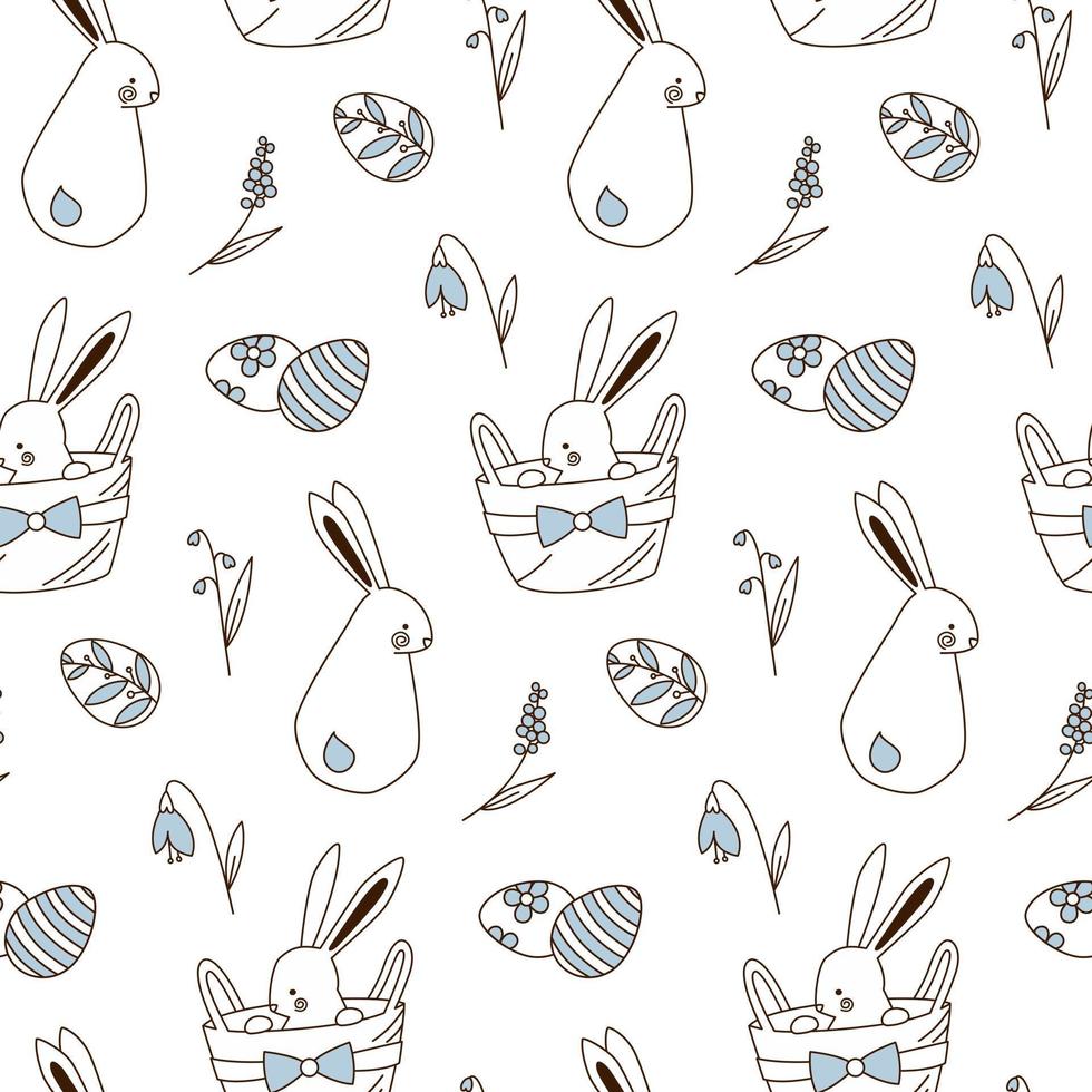 Easter Seamless pattern with bunny in basket, Easter eggs and spring flowers in doodle cartoon style. Vector background design in soft blue white and brown colors.