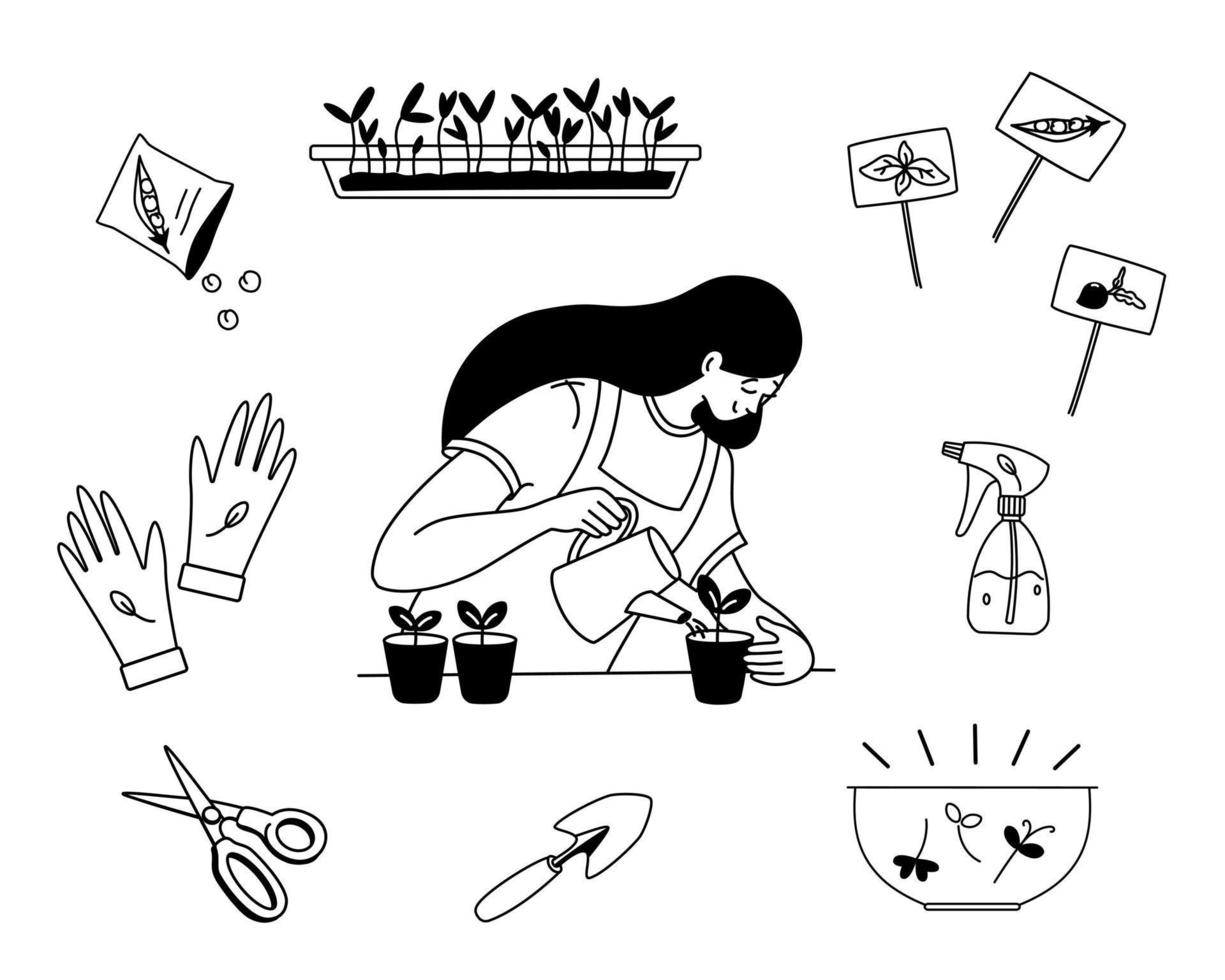 Doodle gardening black and white outline illustration set. Woman watering seedlings pots, growing plants or vegetable seeds at home. Indoor gardening. Spray bottle, scissor, rubber gloves. vector