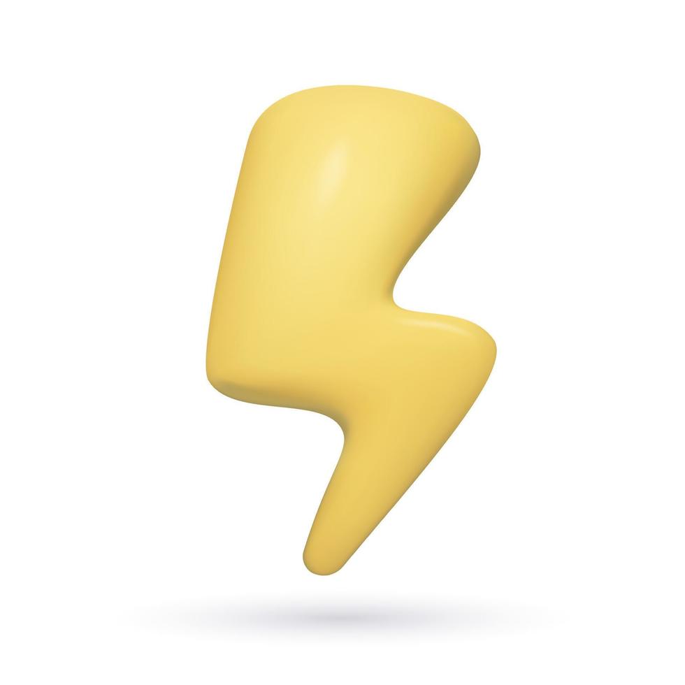 Vector 3d lighting bolt icon. Cartoon yellow plastic thunderbolt symbol. Three dimensional realistic thunder sign of energy, danger or power. Toy electric emblem.