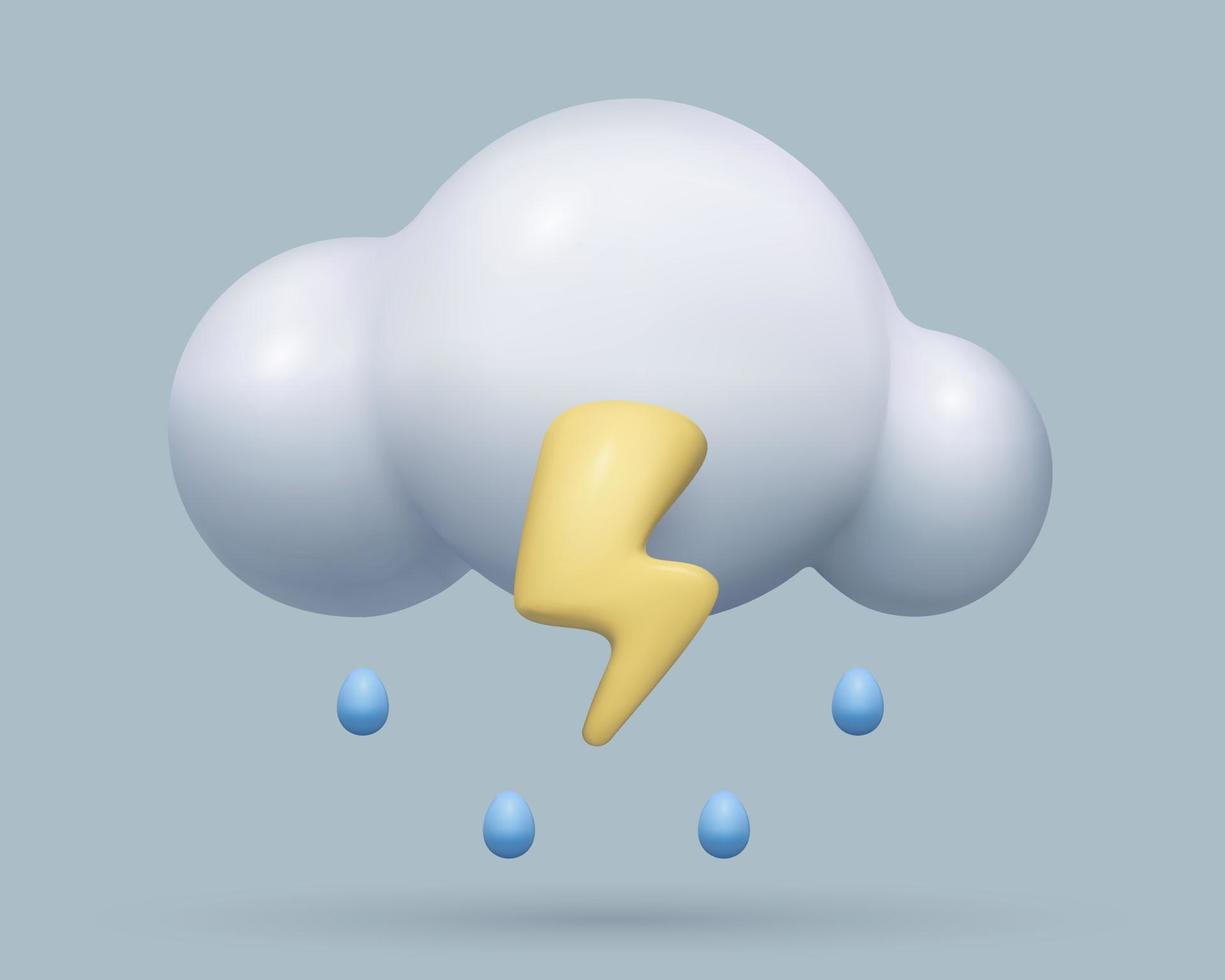 Downpour 3d weather icon storm cloud with lightning and raindrops realistic three dimensional illustration on grey sky background. Cute cartoon plastic design elements. vector