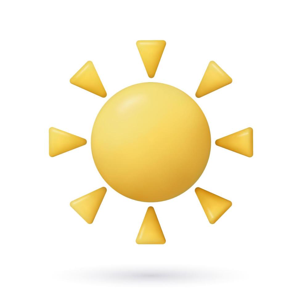 3d sun icon. Realistic yellow plastic three dimensional summer design elements. Vector Illustration of sun with sunbeams on white background with shadow underneath.