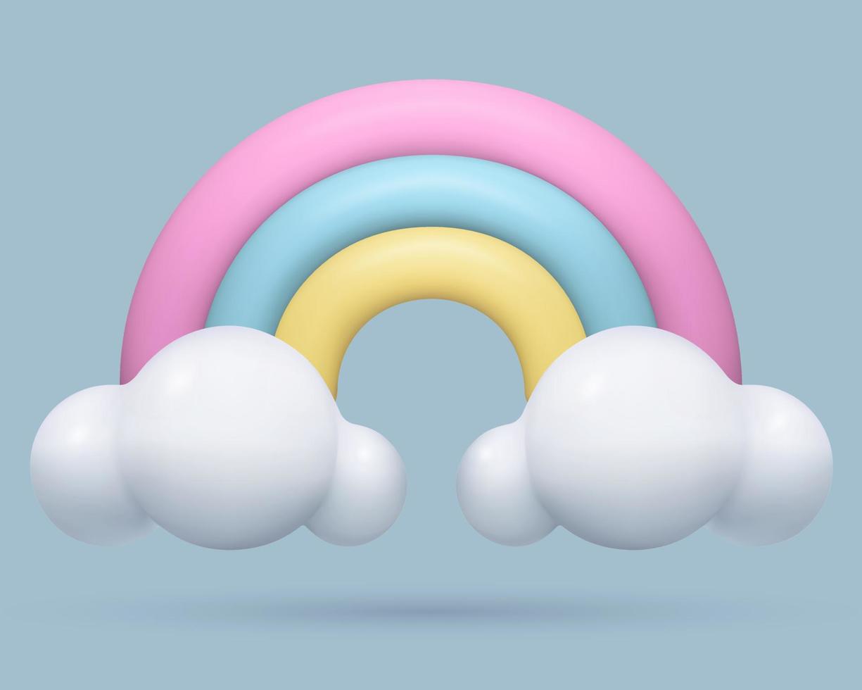 3d arco iris con blanco nubes icono en azul cielo fondo.. realista Tres dimensional dibujos animados el plastico clima icono. linda bebé diseño elemento en pastel rosa, azul y amarillo colores. vector