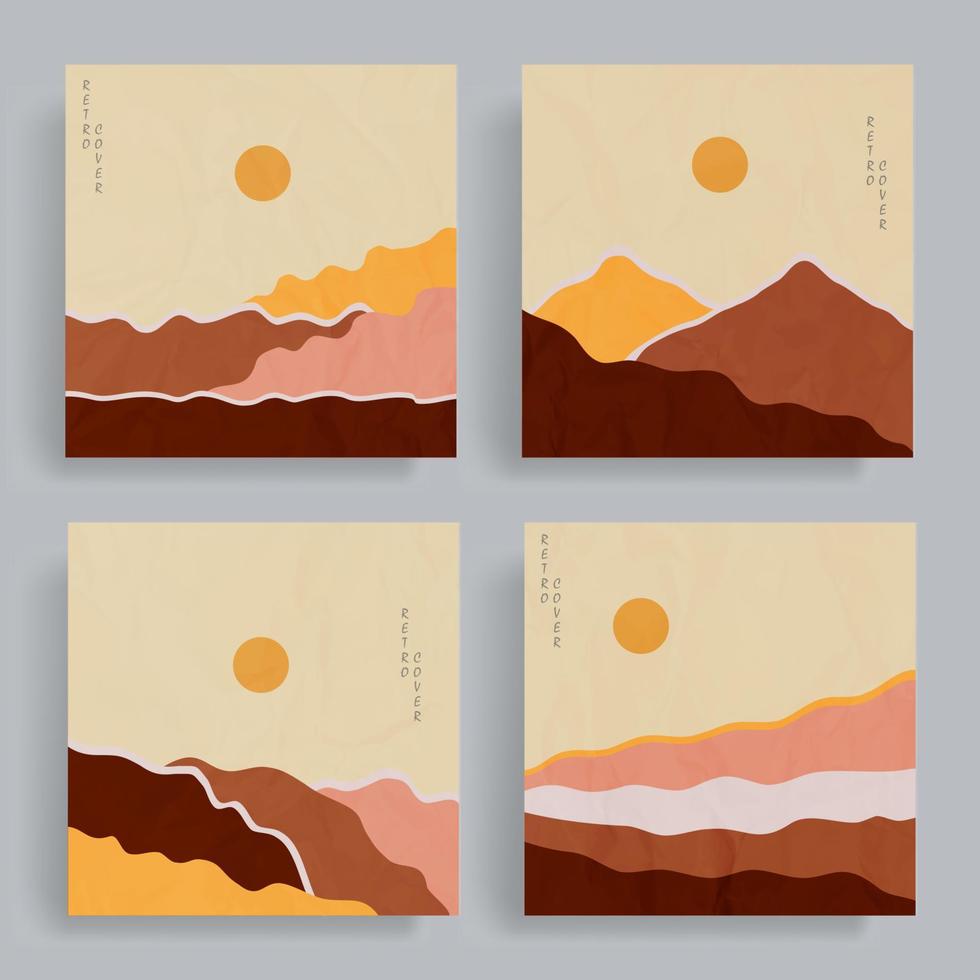 4 sets of flat minimalist abstract prints. Nostalgia boho art with paper texture. Desert landscape on a sunny day. Suitable for cover, poster, banner, brochure, flyer, decoration, social media. vector