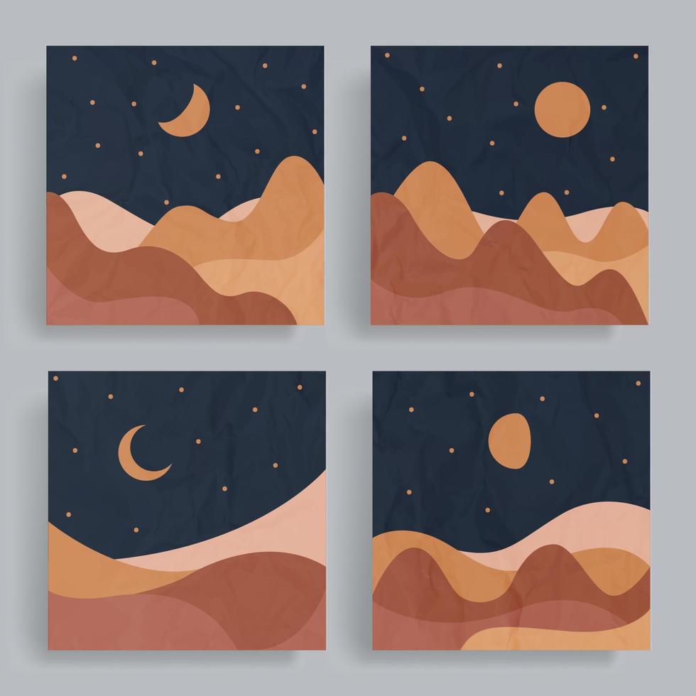 4 sets of flat minimalist abstract prints. Nostalgia boho art with paper texture. Desert landscape at night with starry sky. For cover, poster, banner, brochure, flyer, decoration, social media. vector
