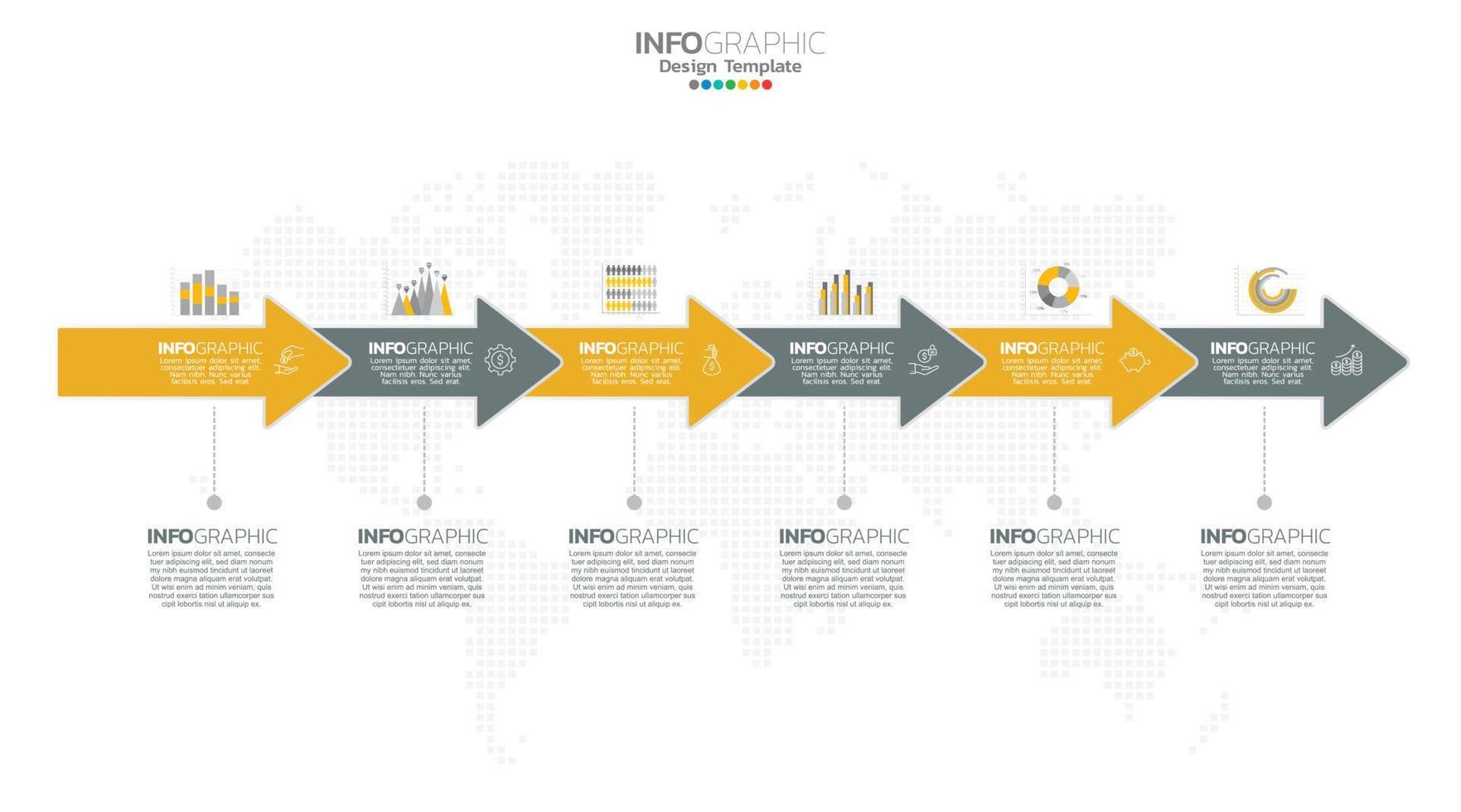 Timeline infographic vector with 6 steps can be used for workflow layout diagram annual report web design.