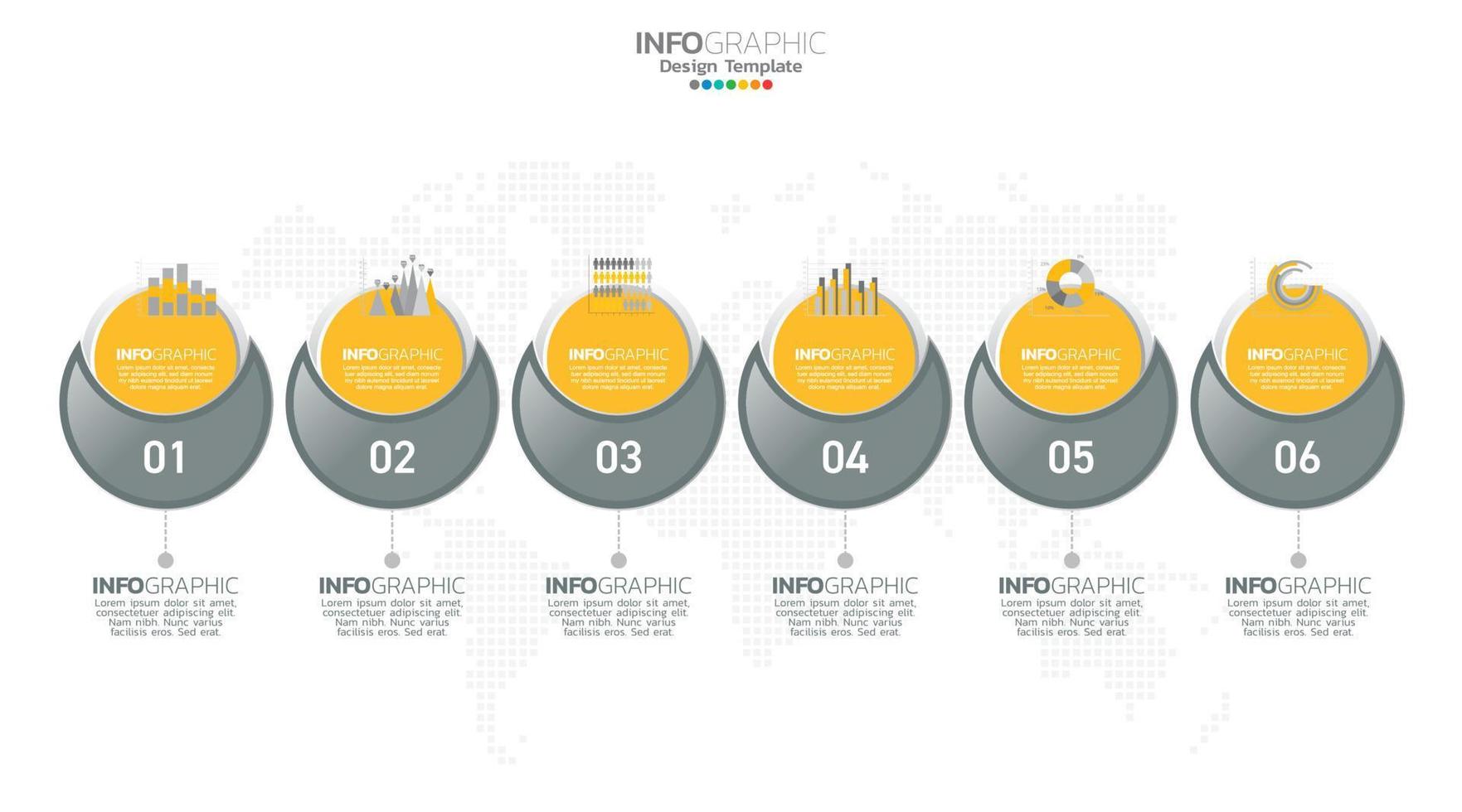 El vector infográfico de línea de tiempo con 6 pasos se puede utilizar para el diseño web del informe anual del diagrama de diseño de flujo de trabajo.