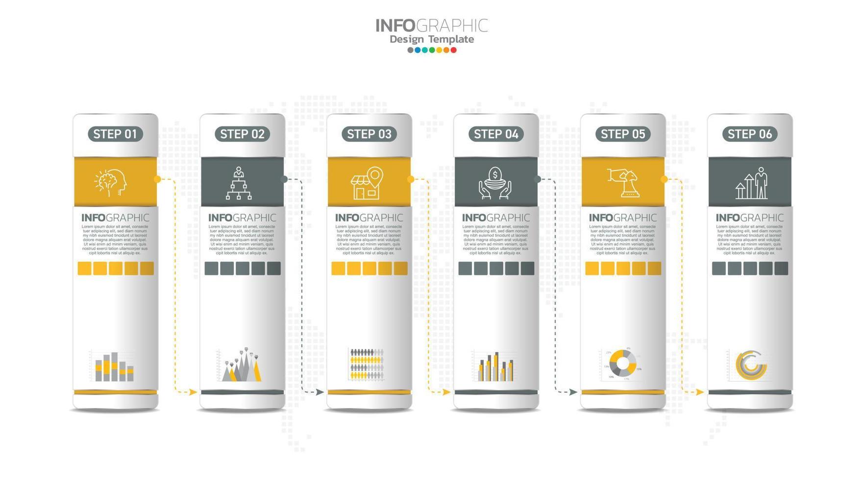 El vector infográfico de línea de tiempo con 6 pasos se puede utilizar para el diseño web del informe anual del diagrama de diseño de flujo de trabajo.