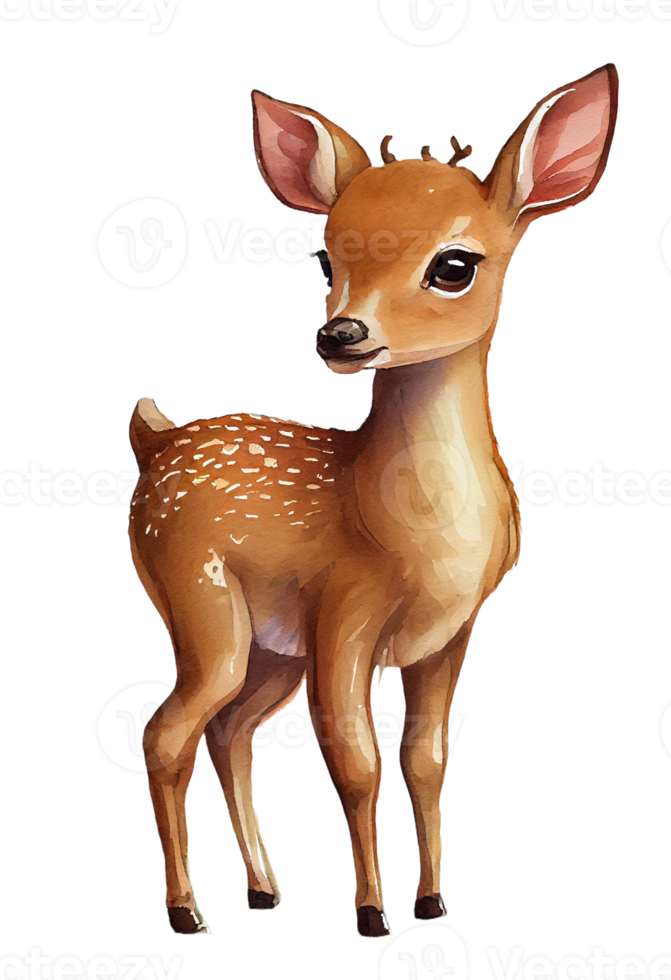 Watercolor drawing of a cute baby deer isolated on transparent background. png