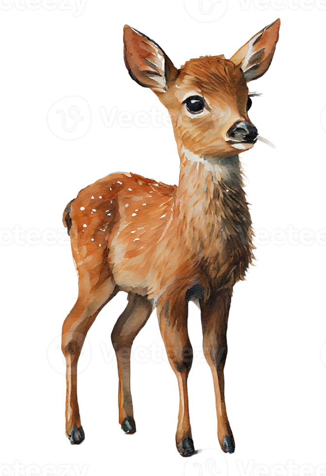 Watercolor drawing of a cute baby deer isolated on transparent background. png