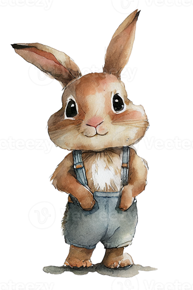 Watercolor drawing of a cute brown rabbit isolated on transparent background png