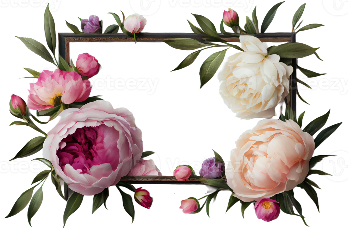 Frame made of peony flowers on a transparent background. Png file. Floral