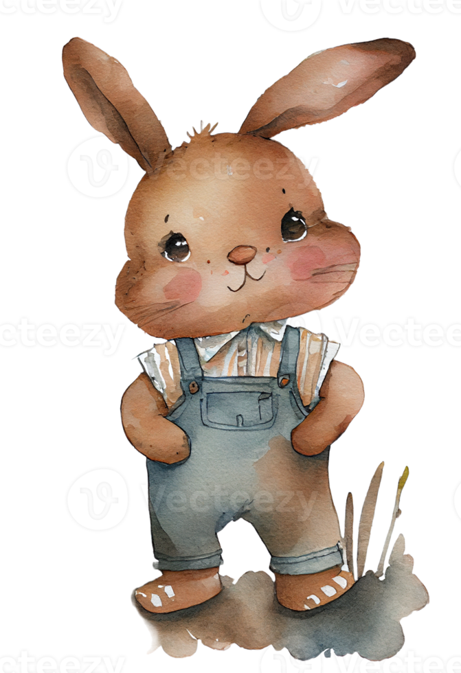 Watercolor drawing of a cute brown rabbit isolated on transparent background png