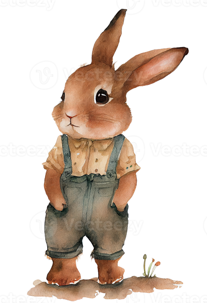 Watercolor drawing of a cute brown rabbit isolated on transparent background png