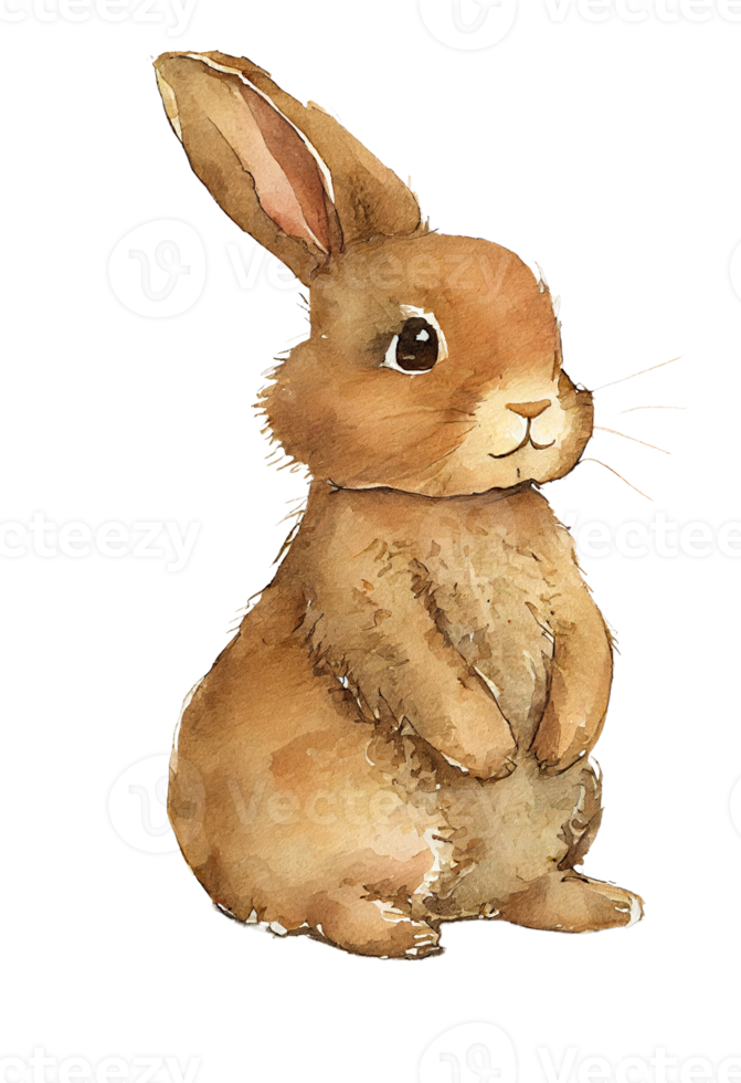 Watercolor drawing of a cute brown rabbit isolated on transparent background png