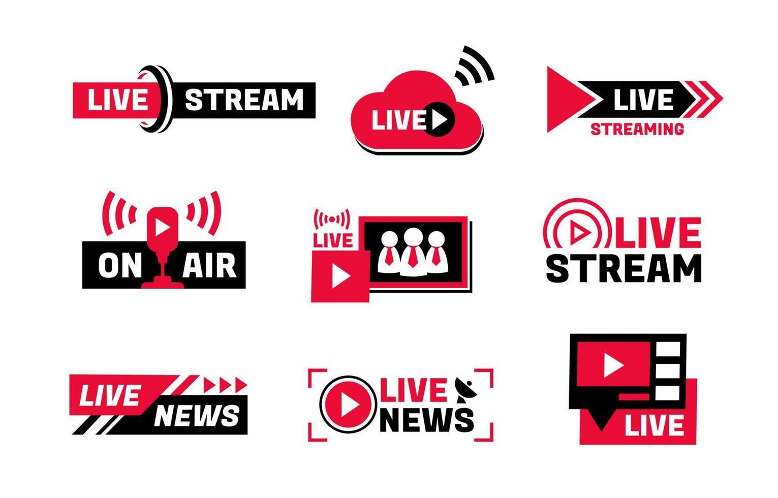 General Live Streaming Red Black Logo Set Collection vector