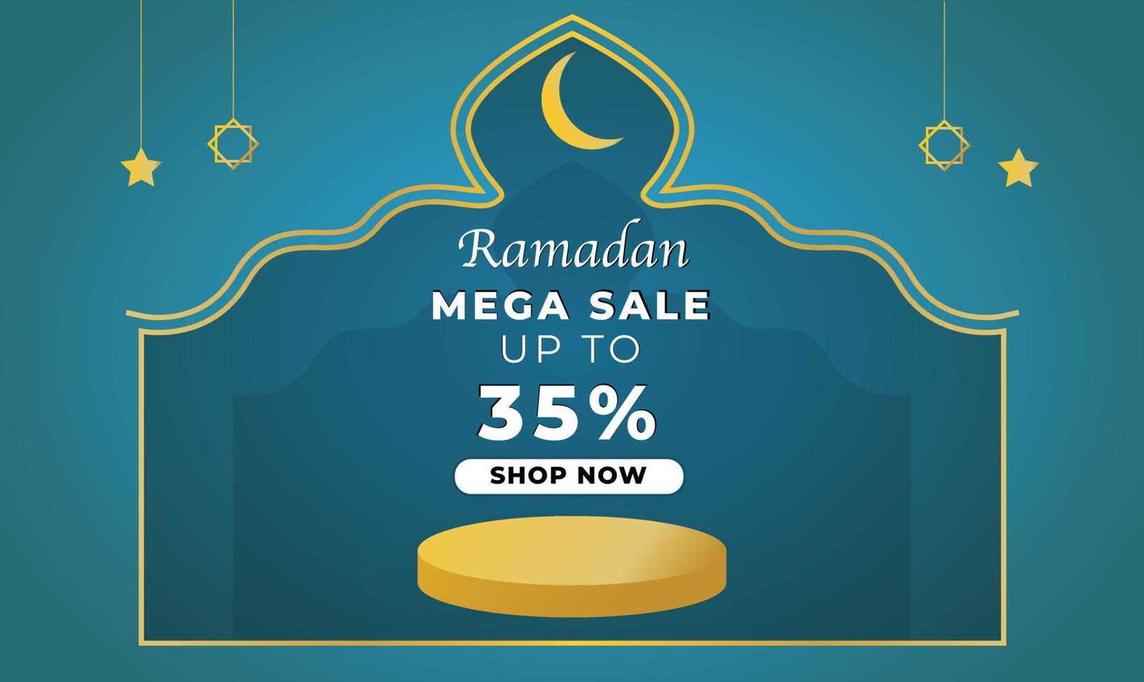Ramadan sale banner template with golden podium and moon. Vector illustration