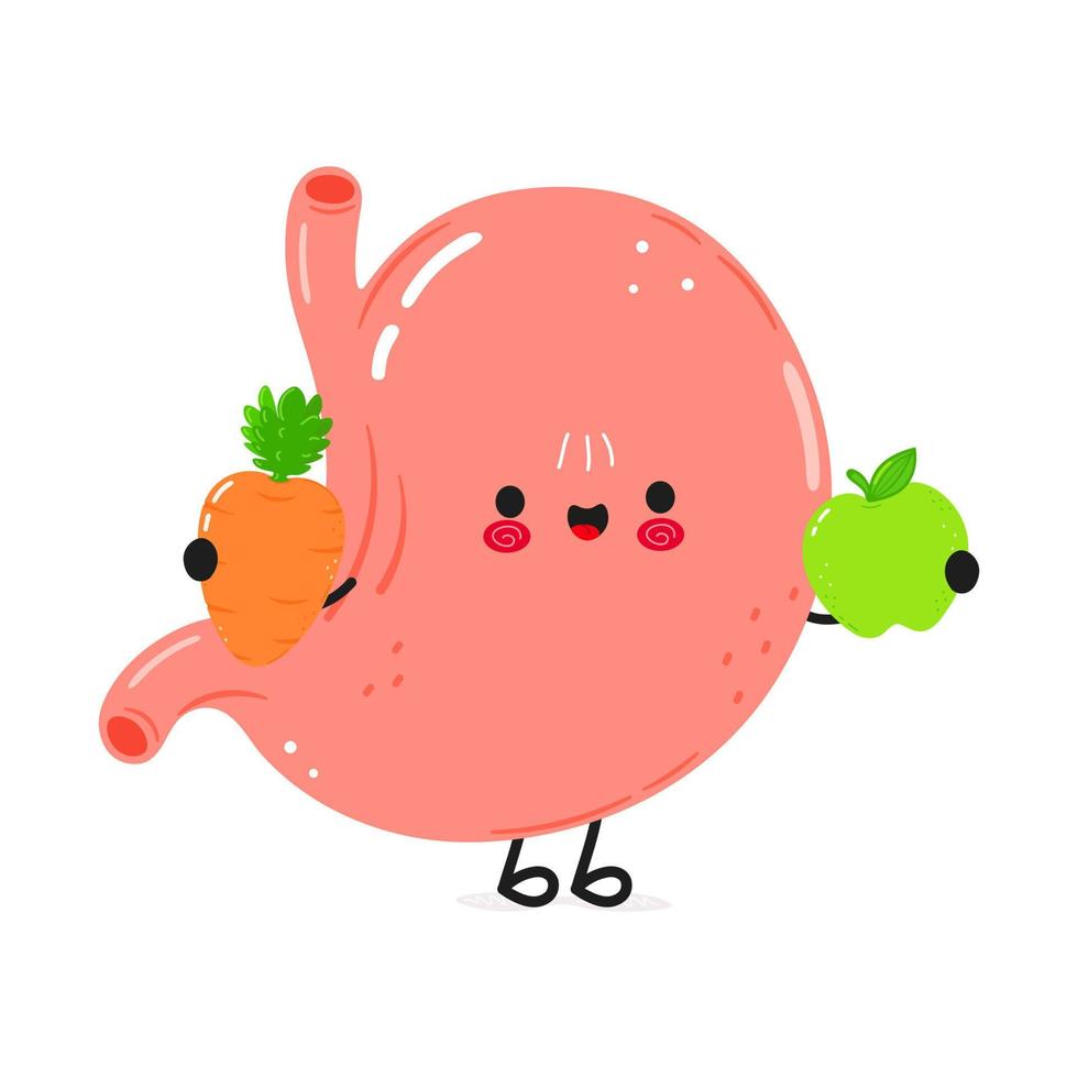 Cute stomach with carrot, apple. Vector hand drawn doodle style cartoon character illustration icon design. Card with cute happy stomach