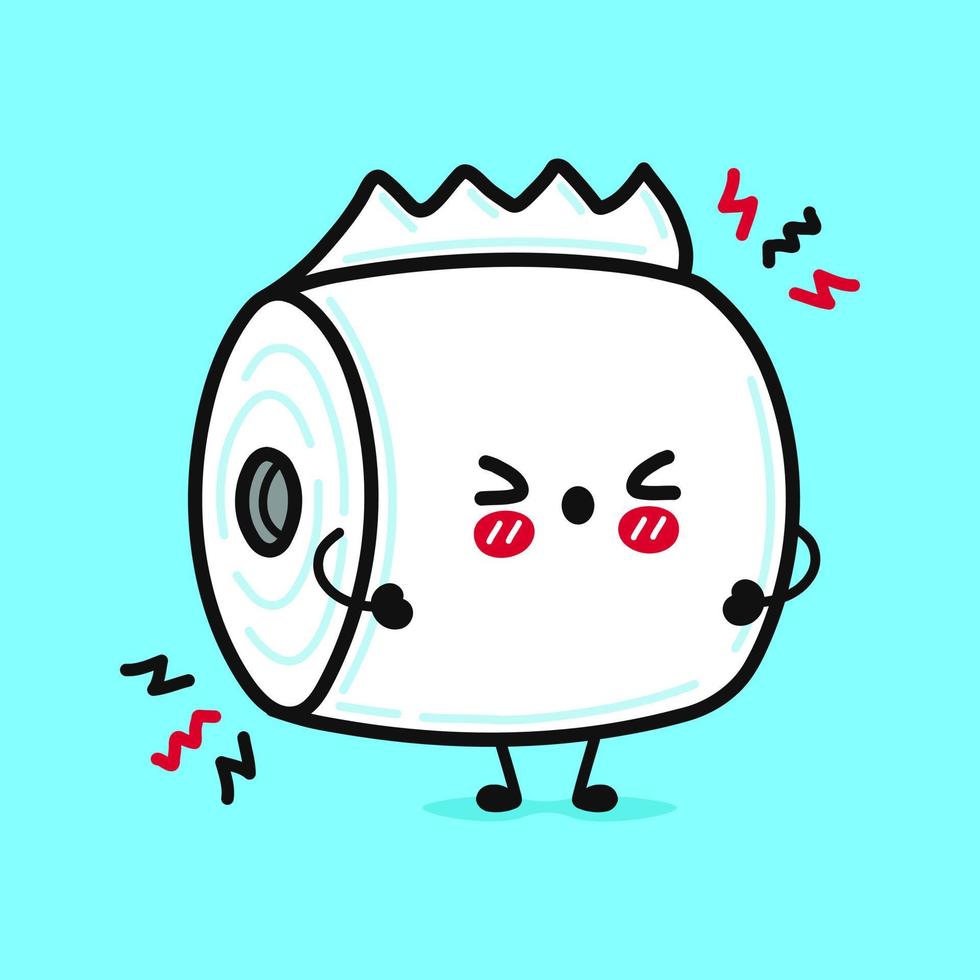 Cute angry toilet paper character. Vector hand drawn cartoon kawaii character illustration icon. Isolated on blue background. Sad toilet paper character concept