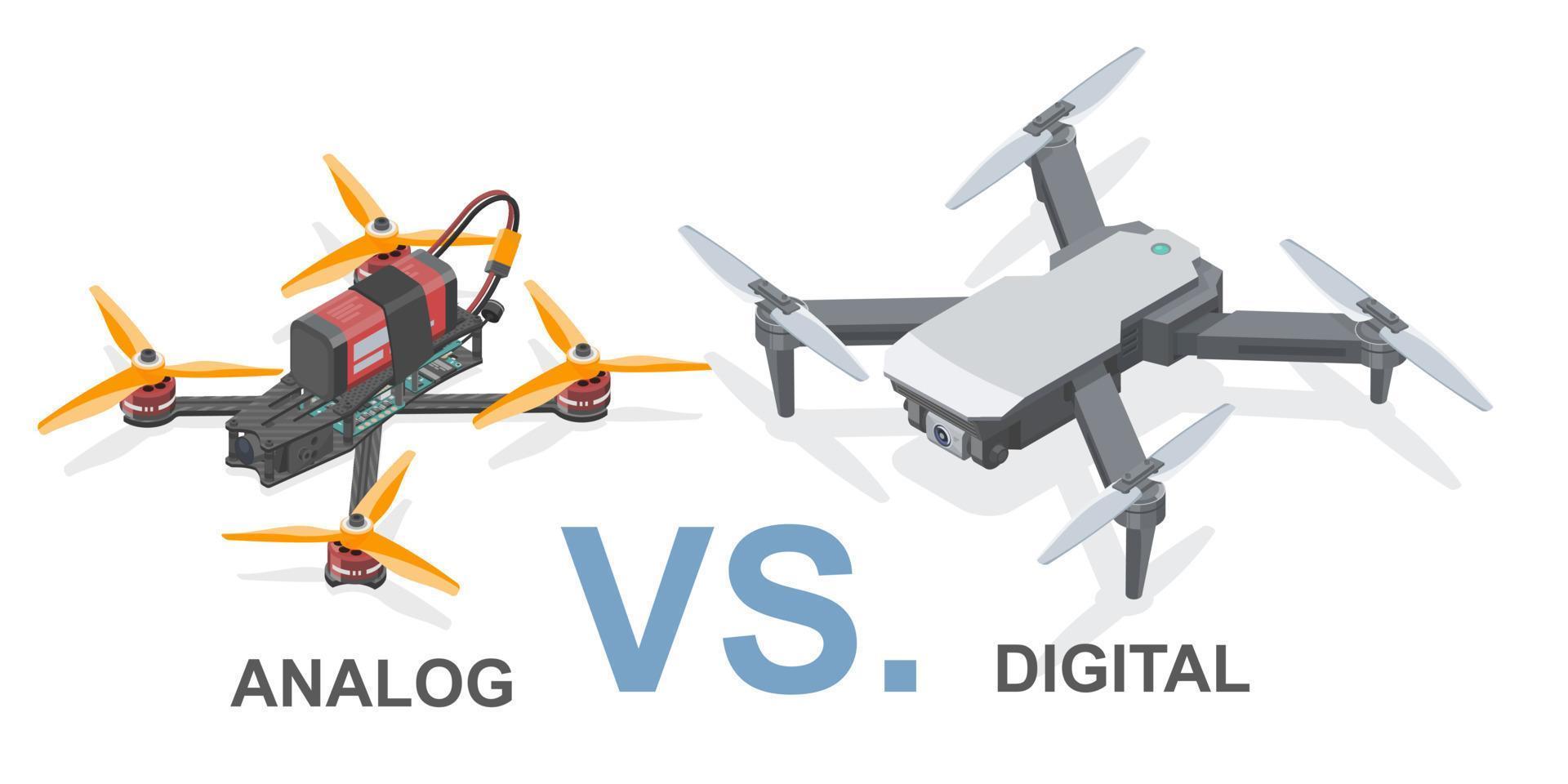 mecanografiado de zumbido término análogo vs digital fpv zumbido carreras estilo libre zumbido Pro deporte vuelo pasatiempo isométrica aislado ilustración en blanco vector