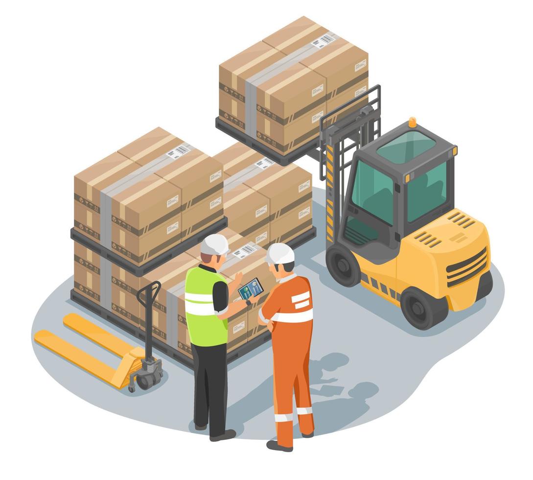 Smart warehouse management system manager talking with stock employee to planing work process for the faster logistic service illustration isometric isolated vector isometric